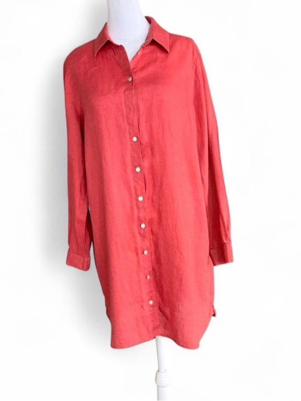 J. Jill Coral-Red Linen Button-Front Midi Shirt Dress